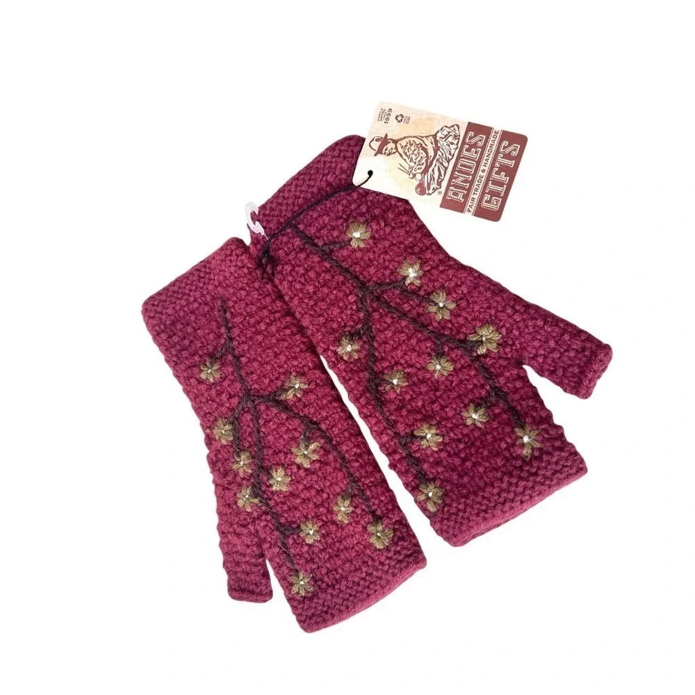 ANDES GIFTS Burgundy Red Floral Embroidered Fingerless Gloves